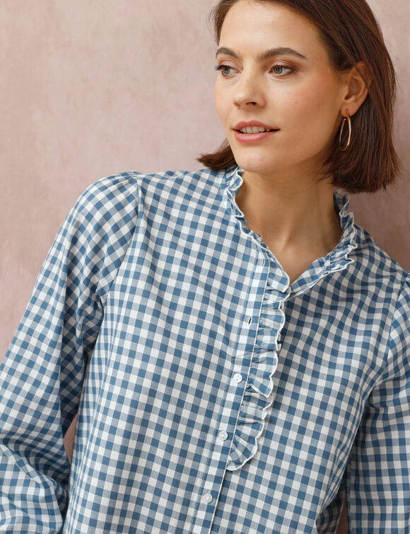 Chemisier col volanté, vichy (bleu / écru) Chemisier col volanté, vichy (bleu / écru)